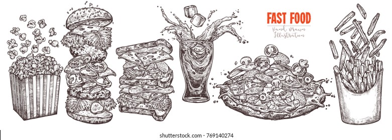 Sketch levitation fast food collection with burger, box with french fries and popcorn, glass with splashed cola and ice cube, pizza; vector hand drawn illustration of flying ingredients