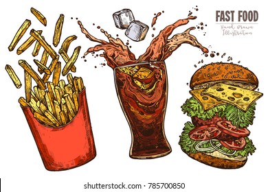 Sketch levitation fast food collection with classic burger, box with french fries and glass with splashed cola and ice cube with flying ingredients; vector hand drawn illustration for menu