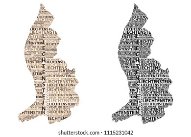 Sketch Liechtenstein letter text map, Liechtenstein - in the shape of the continent, Map of Principality of Liechtenstein - brown and black vector illustration