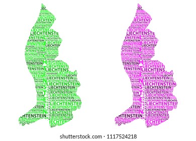 Sketch Liechtenstein letter text map, Liechtenstein - in the shape of the continent, Map of Principality of Liechtenstein - green and purple vector illustration