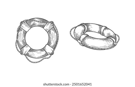 Boceto de boya salvavidas o Ilustración vectorial de anillo de natación de goma. Antiguas salvavidas para el mar, el río, el océano, el lago. Cinturón de seguridad o de rescate dibujado a mano para la playa o la piscina. Elemento de protección de flotador. Agua, nadar