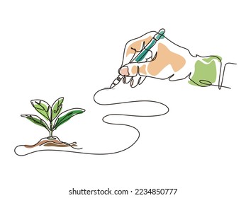 sketch lifestyle A010_hand hold the pen and painting seedling to shows the concept of eco vector illustration graphic EPS 10