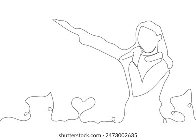 Sketch lifestyle concept minimal girl woman sing a song music drawing line art. Female song music superstar voice with white ioslated background. Abstract,vector,illustration.