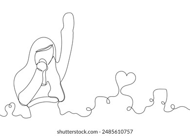 Sketch lifestyle concept minimal girl woman sing a song music karaoke drawing line art. Female song music superstar voice with white ioslated background. Abstract,vector,illustration.