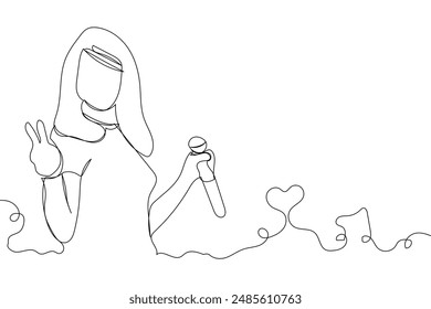 Sketch lifestyle concept minimal girl woman sing a song music karaoke drawing line art. Female song music superstar voice with white ioslated background. Abstract,vector,illustration.