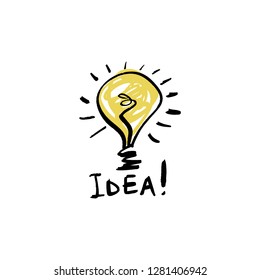 Sketch light bulb icon, idea concept. Doodle style, handdrawn funny sign. Good for web, office posters, cards, clothes and stationery
