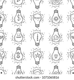 Sketch Light Bulb Idea Symbols Set Vector Seamless pattern. Hand drawn doodle Light Bulbs  with Various Items background