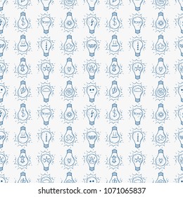 Sketch Light Bulb Idea Symbols Set Vector Seamless pattern. Hand drawn doodle Light Bulbs  with Various Items background