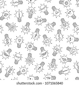 Sketch Light Bulb Idea Symbols Set Vector Seamless pattern. Hand drawn doodle Light Bulbs  with Various Items background