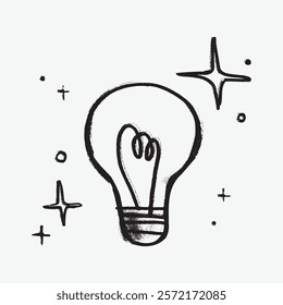 Sketch of a light bulb with stars. Simple, creative design. Light bulb symbolizes ideas, innovation. Stars add a whimsical touch. Black and white illustration. Simple black line art doodle vector.