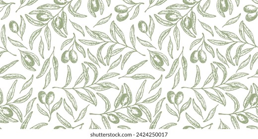 Sketch light olive green seamless pattern with hand drawn vector olives branches. Engraving oliva tree texture for food and beauty package, textile design, wrapping paper