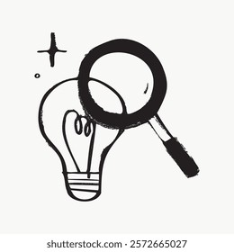 Sketch of a lightbulb and magnifying glass. Represents ideas, innovation, and discovery. Simple black and white illustration of creativity. Simple black line art doodle vector.