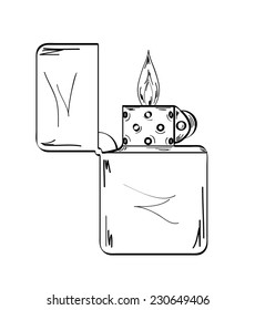 sketch of the lighter with flame on white background, vector, isolated