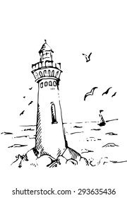 Sketch of lighthouse. Seagulls. Vector illustration.