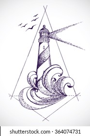 Sketch of lighthouse. Vector sketch. Hand drawn illustration in dot art style