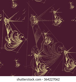 Sketch of lighthouse. Vector seamless pattern. Hand drawn illustration