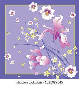 Sketch of a lilac scarf with irises and orchids. Drawing flowers squared for printing on fabric.