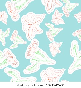 Sketch from lily, branch, bud, leaf seamless pattern.Tag, dashed line.  Hand drawn.