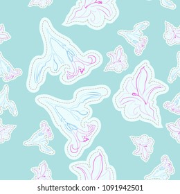Sketch from lily, branch, bud, leaf seamless pattern.Tag, dashed line.  Hand drawn.