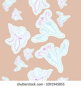 Sketch from lily, branch, bud, leaf seamless pattern.Tag, dashed line.  Hand drawn.