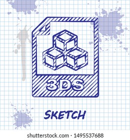 Sketch line 3DS file document. Download 3ds button icon isolated on white background. 3DS file symbol.  Vector Illustration