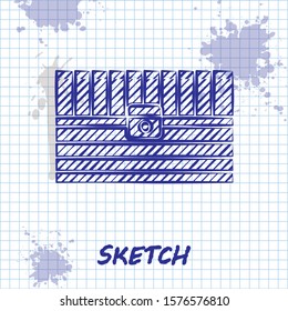 Sketch line Antique treasure chest icon isolated on white background. Vintage wooden chest with golden coin.  Vector Illustration