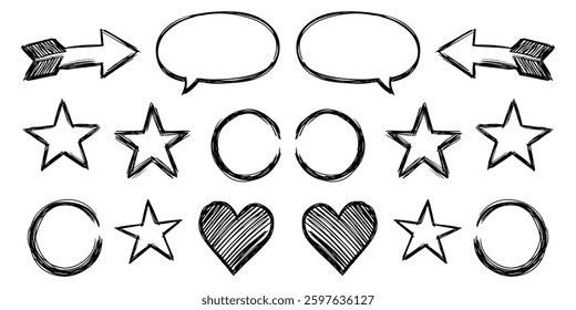 Sketch line arrow element a collection of sketch-style line elements featuring arrows, stars, and heart shapes. This hand-drawn doodle set includes circles, clouds, and speech bubbles with a grunge.