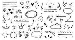 Sketch Line Arrow Element, Star, Heart Shape. Hand Drawn Doodle Sketch Style Circle, Cloud Speech Bubble Grunge Element Set. Arrow, Star, Heart Brush Decoration. Vector Illustration