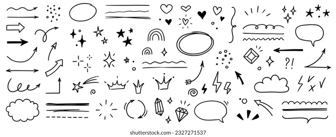 Sketch line arrow element, star, heart shape. Hand drawn doodle sketch style circle, cloud speech bubble grunge element set. Arrow, star, heart brush decoration. Vector illustration