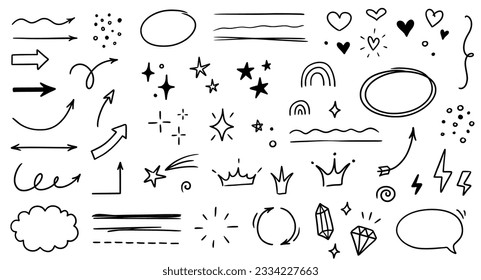 Sketch line arrow element, star, heart shape. Hand drawn doodle sketch style circle, cloud speech bubble grunge element set. Arrow, star, heart brush decoration. Vector illustration