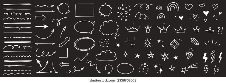 Sketch line arrow element, star, heart shape on chalkboard background. Hand drawn doodle sketch style circle, cloud speech bubble grunge element. Arrow, star, heart decoration. Vector illustration