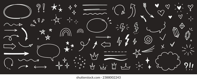 Sketch line arrow element, star, heart shape on chalkboard background. Hand drawn doodle sketch style circle, cloud speech bubble grunge element. Arrow, star, heart decoration. Vector illustration