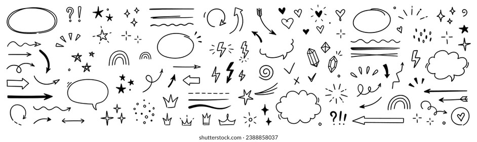 Sketch line arrow element, star, heart shape. Hand drawn doodle sketch style circle, cloud speech bubble grunge element set. Arrow, star, heart brush decoration. Vector illustration.