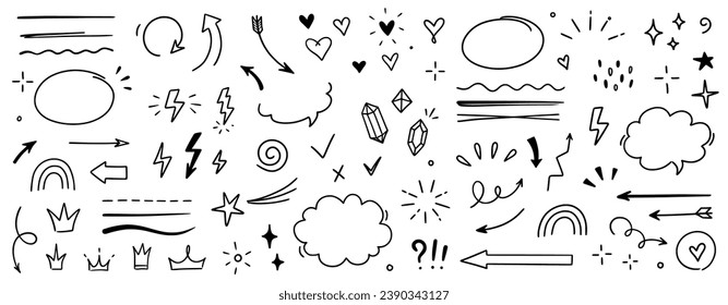 Sketch line arrow element, star, heart shape. Hand drawn doodle sketch style circle, cloud speech bubble grunge element set. Arrow, star, heart brush decoration. Vector illustration.