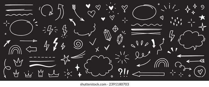 Sketch line arrow element, star, heart shape on chalkboard background. Hand drawn doodle sketch style circle, cloud speech bubble grunge element. Arrow, star, heart decoration. Vector illustration