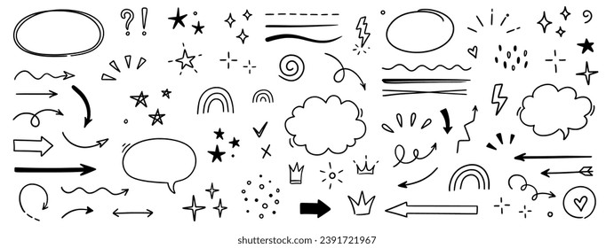 Sketch line arrow element, star, heart shape. Hand drawn doodle sketch style circle, cloud speech bubble grunge element set. Arrow, star, heart brush decoration. Vector illustration.