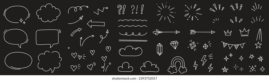 Esbozar el elemento de flecha de línea, estrella, forma de corazón en el fondo de la pizarra. Círculo de estilo de dibujo de garrapatas dibujado a mano, elemento grunge de burbuja de voz en la nube. Flecha, estrella, decoración cardíaca. Ilustración del vector