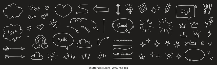 Sketch line arrow element, star, heart shape on chalkboard background. Hand drawn doodle sketch style circle, cloud speech bubble grunge element. Arrow, star, heart decoration. Vector illustration