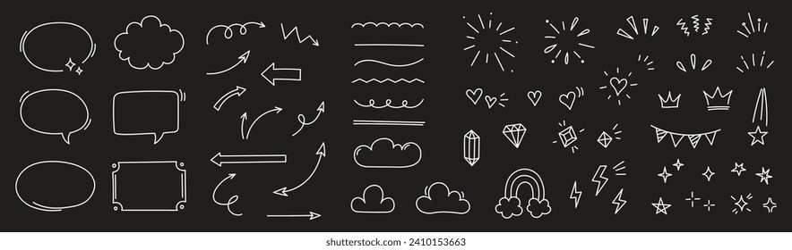 Sketch line arrow element, star, heart shape on chalkboard background. Hand drawn doodle sketch style circle, cloud speech bubble grunge element. Arrow, star, heart decoration. Vector illustration