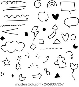 Sketch line arrow element, star, heart shape on chalkboard background. Hand drawn doodle sketch style circle, cloud speech bubble grunge element. Arrow, star, heart decoration. Vector