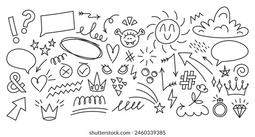 Sketch line arrow element, star, heart shape. Hand drawn circle in doodle sketch style, set of grunge cloud speech bubble elements. Arrow, star, heart shaped decoration. Vector illustration.