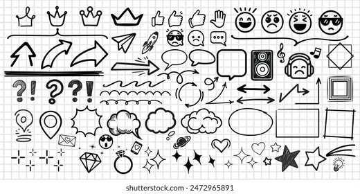 Esboce el elemento de flecha de línea, estrella, forma de corazón en el fondo de pizarra. Dibujado a mano doodle boceto estilo círculo, nube discurso burbuja grunge elemento. Flecha, estrella, decoración del corazón. Ilustración vectorial