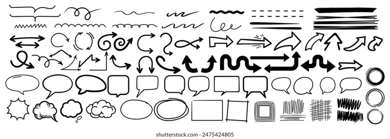 Sketch line arrow element, star, heart shape on chalkboard background. Hand drawn doodle sketch style circle, cloud speech bubble grunge element. Arrow, star, heart decoration. Vector illustration