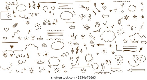 Skizze Linie Pfeilelement, Stern, Herzform. Handgezeichnete Doodle-Skizze 
