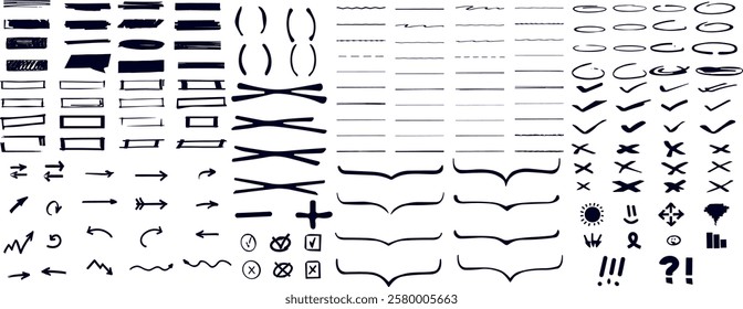 Sketch line arrow element, star, heart shape. Hand drawn doodle sketch style circle, cloud speech bubble grunge element set. Arrow, star, heart brush decoration.
