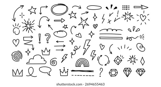 Sketch line arrow element, star, heart shape. Hand drawn doodle sketch style circle, cloud speech bubble grunge element set. Arrow, star, heart brush decoration. Vector illustration