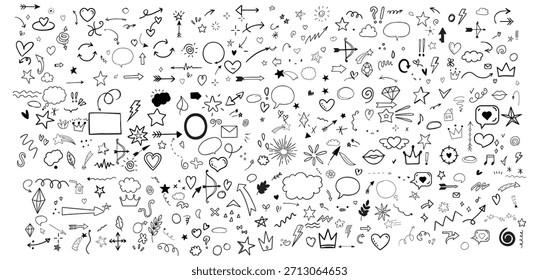 Elemento de flecha de línea de boceto, estrella, forma de corazón. Dibujado a mano doodle sketch estilo círculo. Flecha, estrella, decoración del cepillo del corazón. Ilustración vectorial