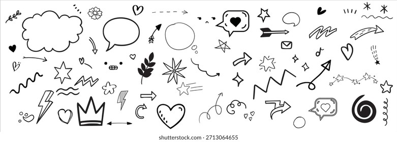 Elemento de seta de linha de esboço, estrela, forma do coração. Círculo de estilo de esboço desenhado à mão. Seta, estrela, decoração de pincel de coração. Ilustração vetorial