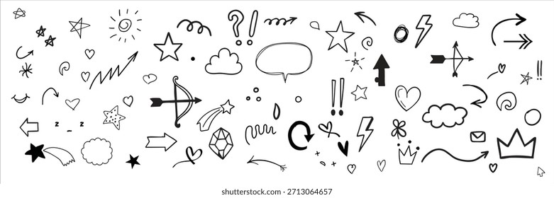 Elemento de seta de linha de esboço, estrela, forma do coração. Círculo de estilo de esboço desenhado à mão. Seta, estrela, decoração de pincel de coração. Ilustração vetorial