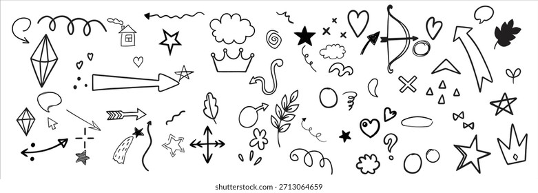Elemento de seta de linha de esboço, estrela, forma do coração. Círculo de estilo de esboço desenhado à mão. Seta, estrela, decoração de pincel de coração. Ilustração vetorial